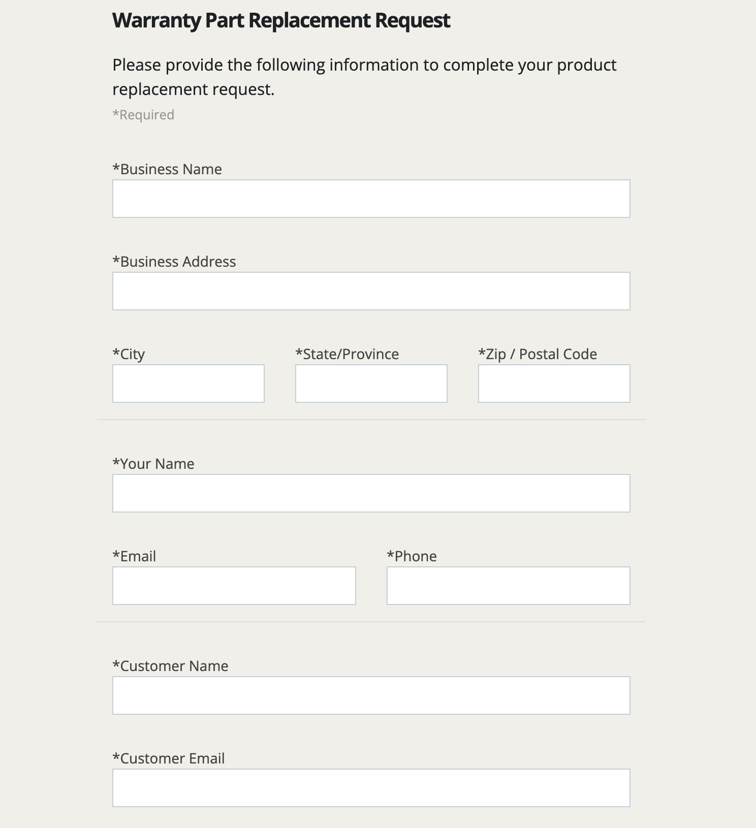 Screenshot of Warranty part replacement request